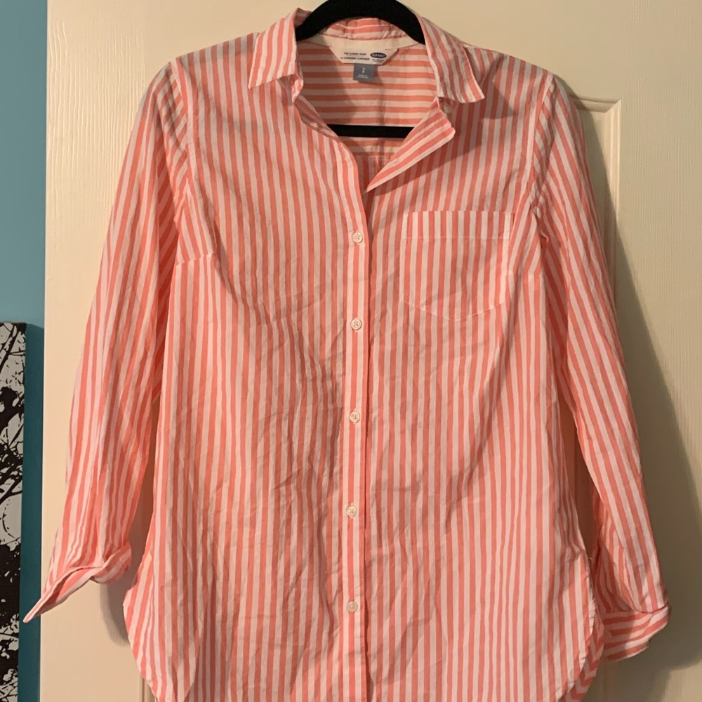 pink and white striped half sleeve button up